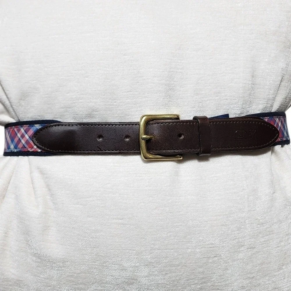 Vineyard Vines Belt Mens 32 Multicolor Plaid Canvas Leather Trim USA‎ Preppy